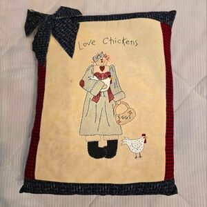 Raggedy Ann Hand Sewn Pillow Tea Dye Embroidered I Love Chickens Bow Egg Basket